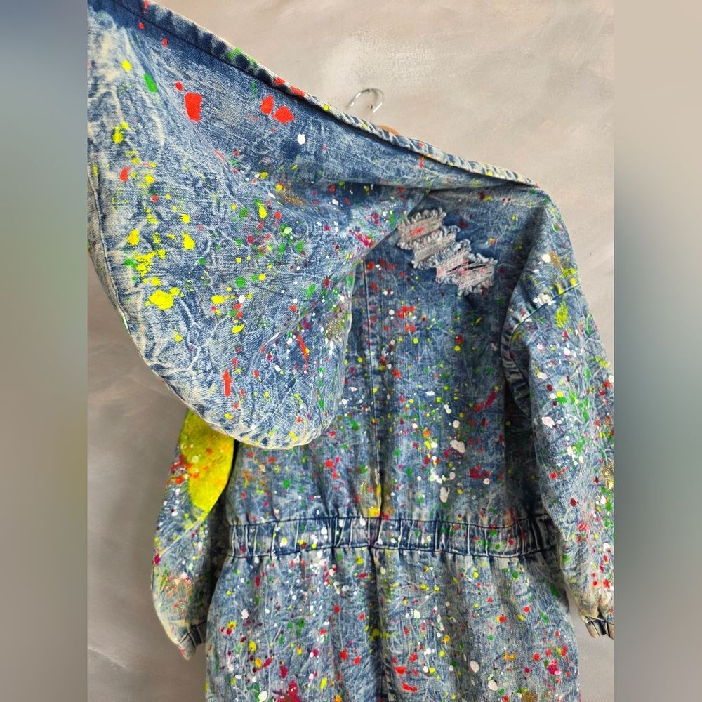 Aphrodite Acid Wash Denim Paint Splatter Open Frnt Long Jacket L Distress Hood - Picture 2 of 14